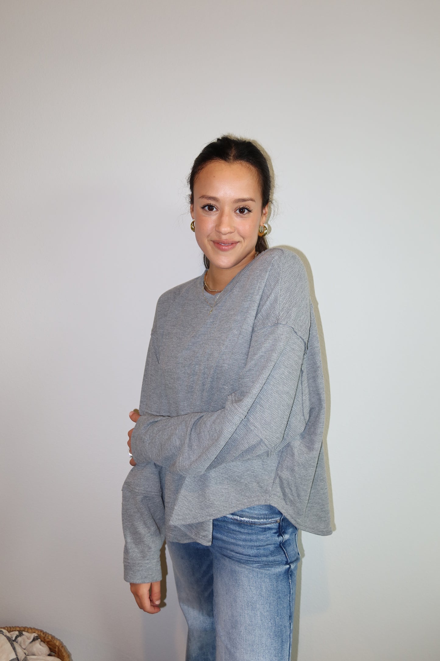 Oversized Waffle Knit Long Sleeve - Gray