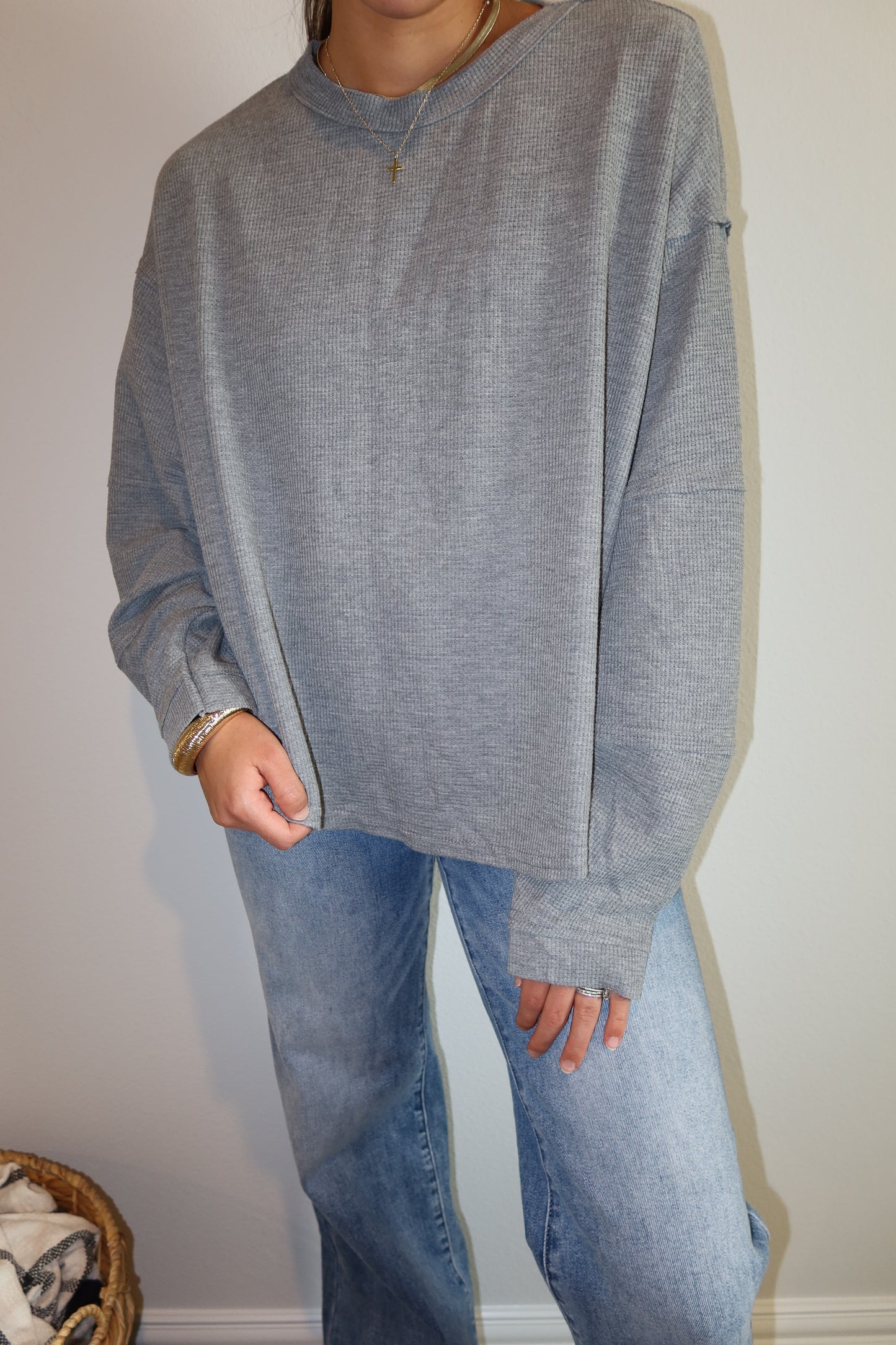 Oversized Waffle Knit Long Sleeve - Gray