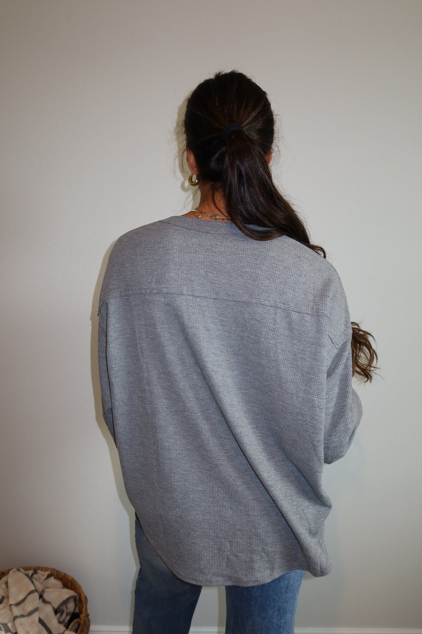 Oversized Waffle Knit Long Sleeve - Gray